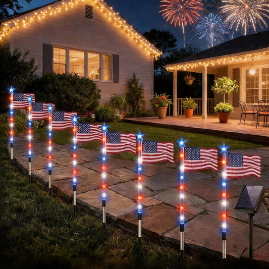 8 Piece Solar American Flag Lights Outdoor, Solar American Flag Pathway Stake Lights, 4th of July Decorations Outdoor, 8 Lighting Modes for Independence Day Yard Garden (8in1 Flag Lights)