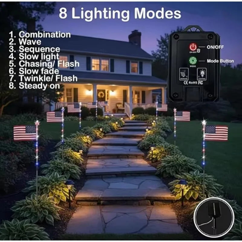 8 in1 Solar American Flag Lights Outdoor Solar Flag Pathway Patriotic Stake Light Set Waterproof LED Outdoor Yard Garden Decor