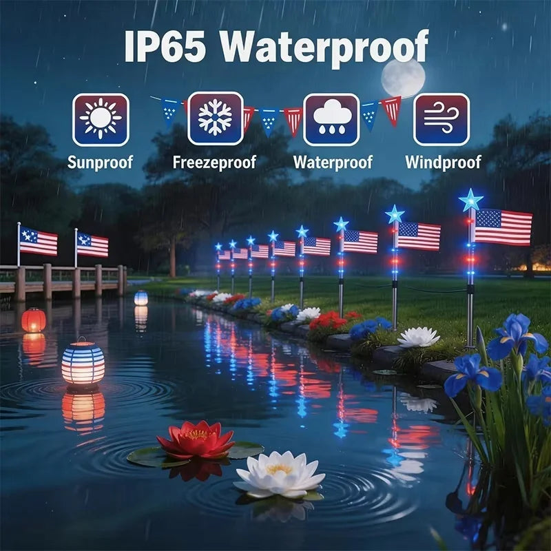 8 in1 Solar American Flag Lights Outdoor Solar Flag Pathway Patriotic Stake Light Set Waterproof LED Outdoor Yard Garden Decor