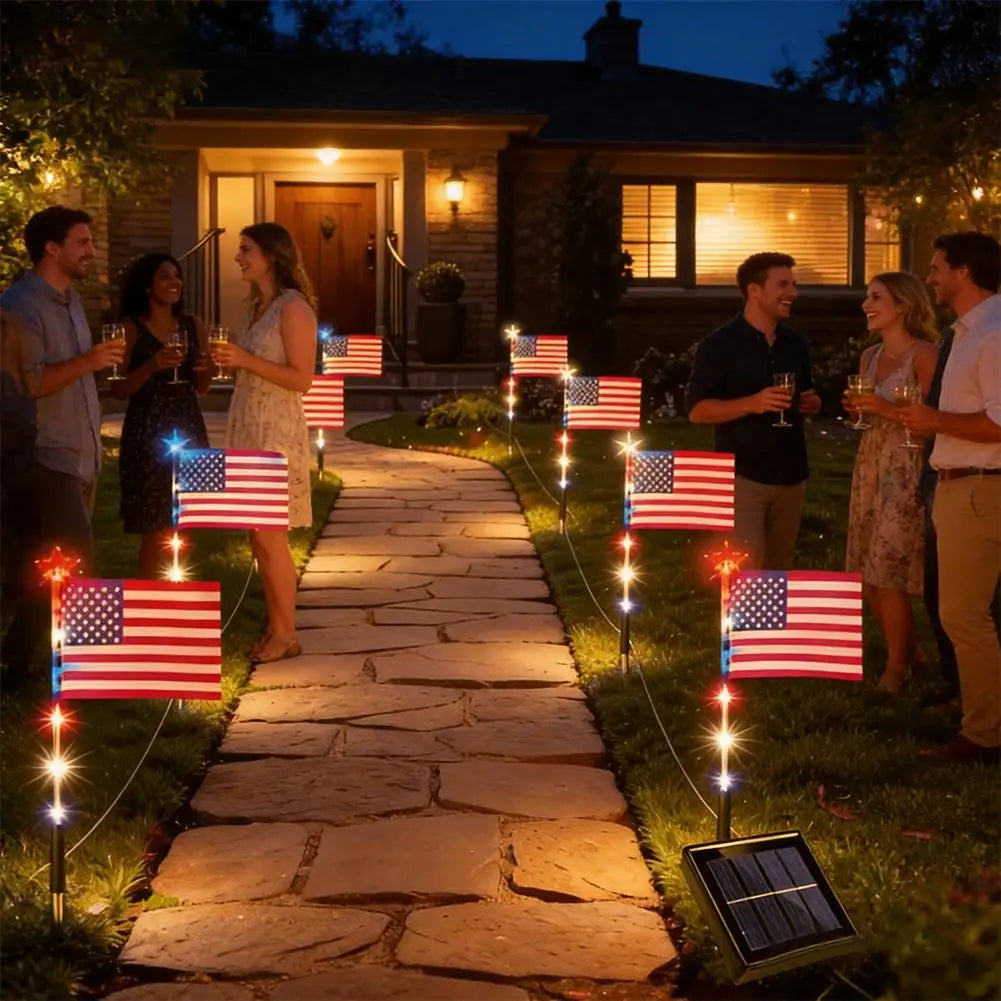 8 in1 Solar American Flag Lights Outdoor Solar Flag Pathway Patriotic Stake Light Set Waterproof LED Outdoor Yard Garden Decor