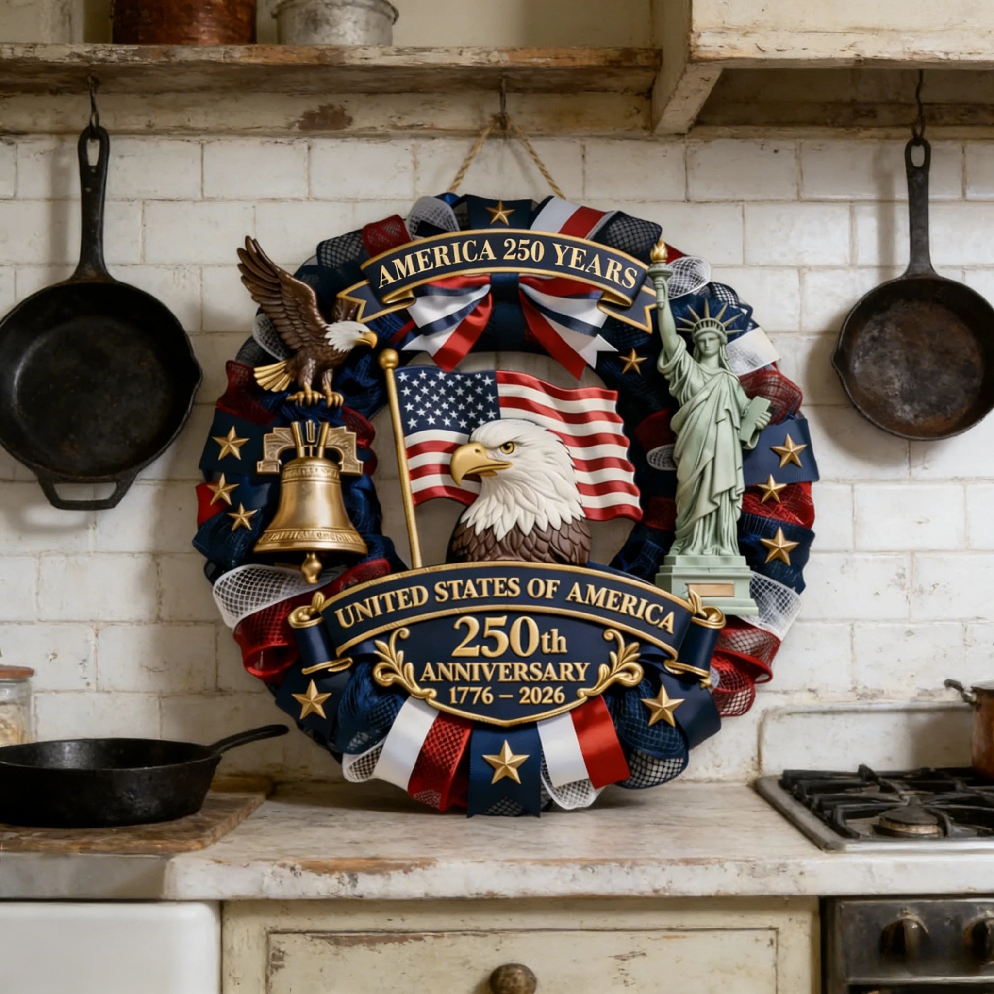 America 250th Anniversary Wreath Decor 1776-2026 Patriotic USA 250 Years Wall Hanging Ornament Independence Day Party Decoration