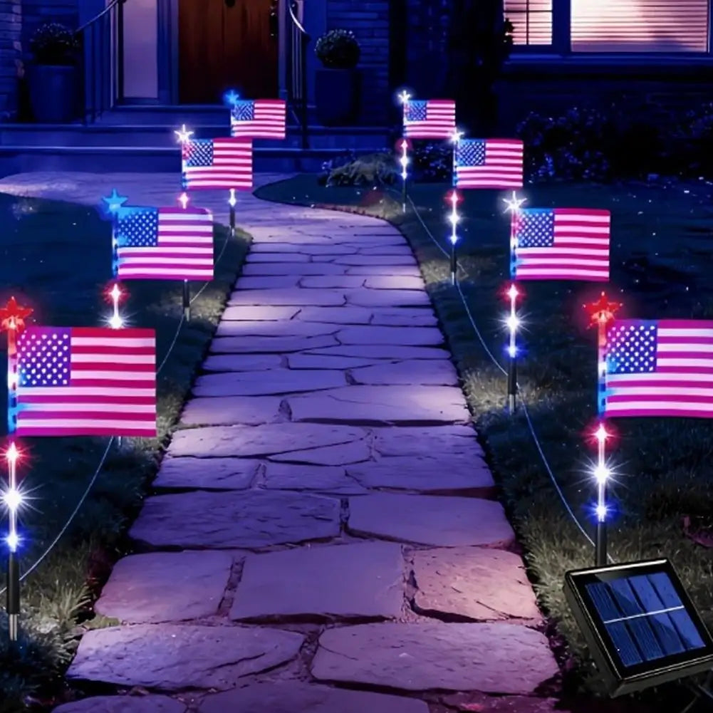 8 in1 Solar American Flag Lights Outdoor Solar Flag Pathway Patriotic Stake Light Set Waterproof LED Outdoor Yard Garden Decor
