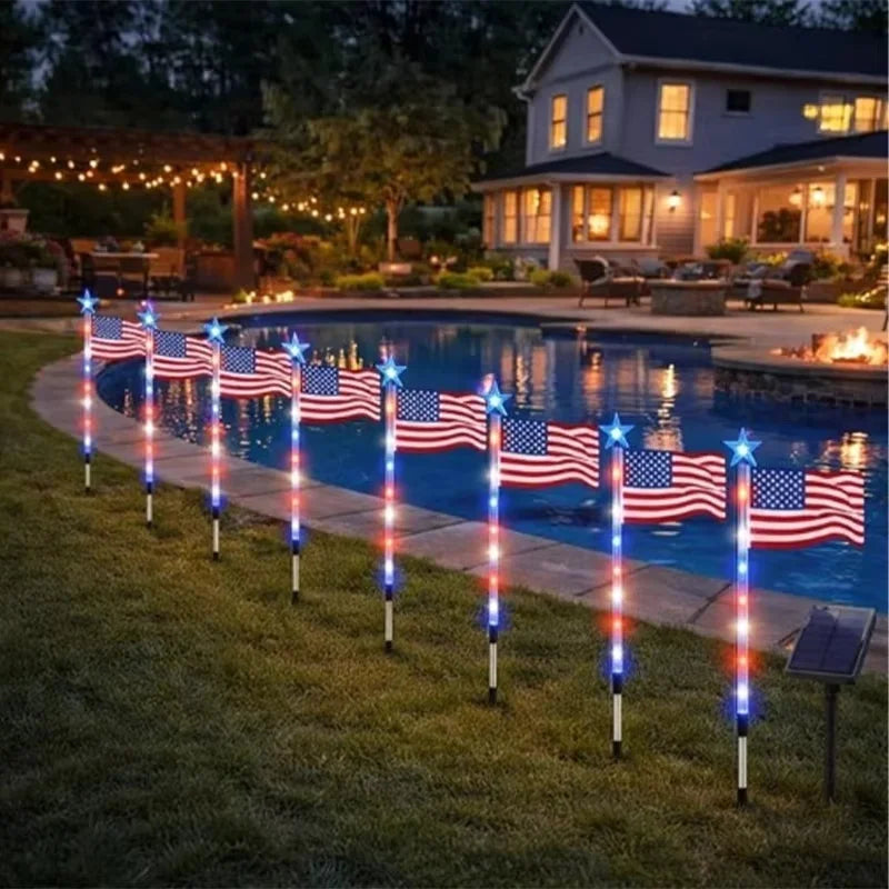 8 in1 Solar American Flag Lights Outdoor Solar Flag Pathway Patriotic Stake Light Set Waterproof LED Outdoor Yard Garden Decor