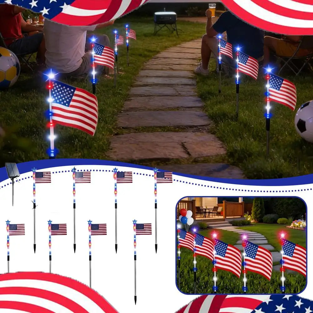 8 in1 Solar American Flag Lights Outdoor Solar Flag Pathway Patriotic Stake Light Set Waterproof LED Outdoor Yard Garden Decor