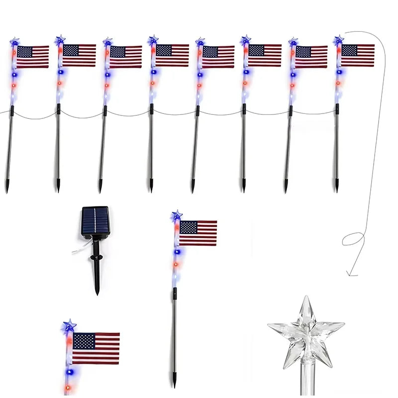 8 in1 Solar American Flag Lights Outdoor Solar Flag Pathway Patriotic Stake Light Set Waterproof LED Outdoor Yard Garden Decor