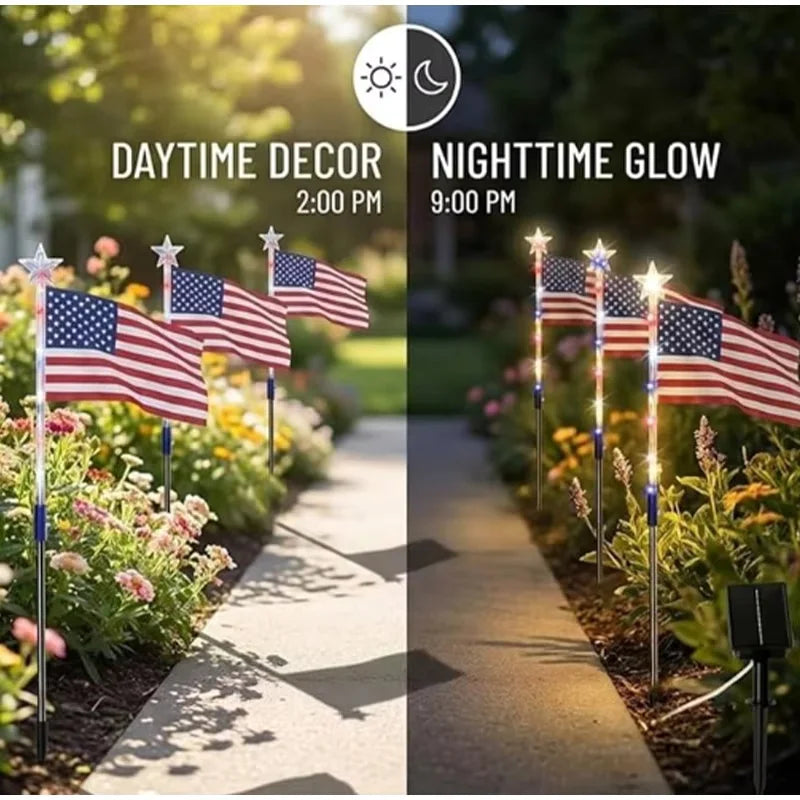 8 in1 Solar American Flag Lights Outdoor Solar Flag Pathway Patriotic Stake Light Set Waterproof LED Outdoor Yard Garden Decor