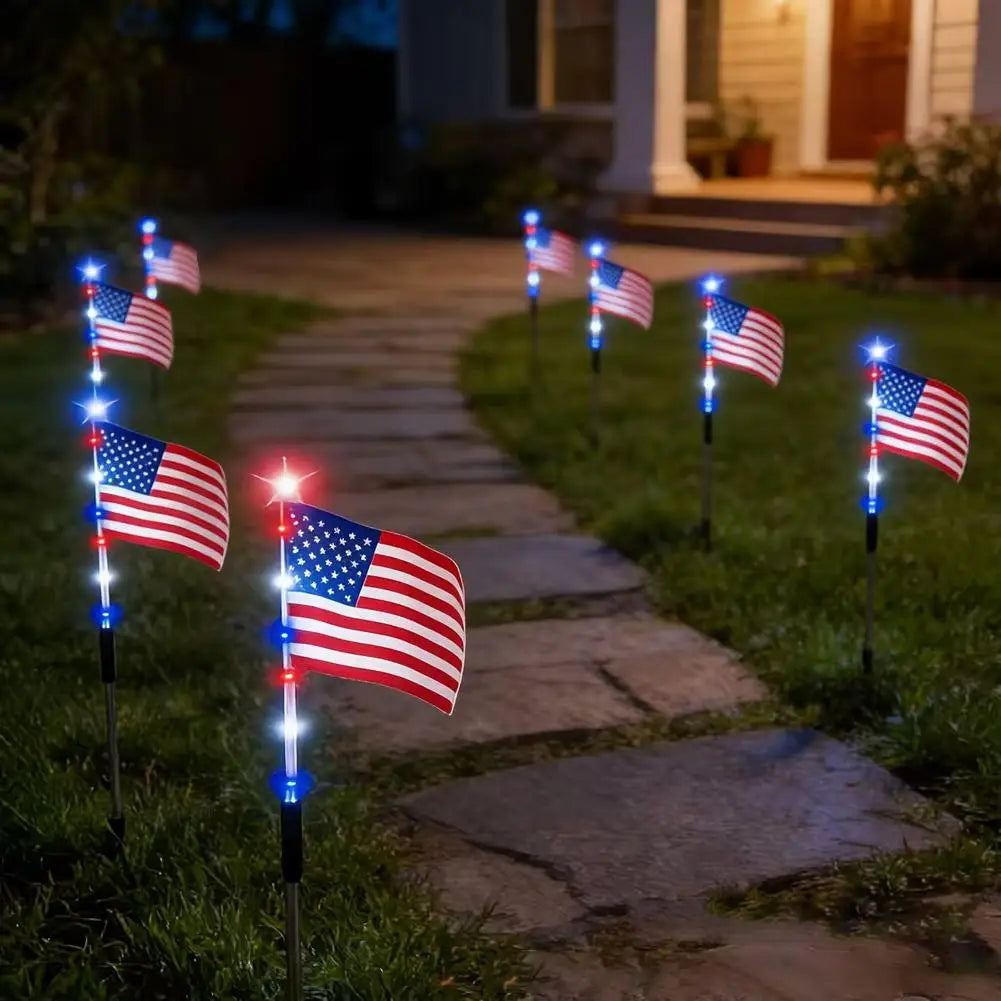 8 in1 Solar American Flag Lights Outdoor Solar Flag Pathway Patriotic Stake Light Set Waterproof LED Outdoor Yard Garden Decor