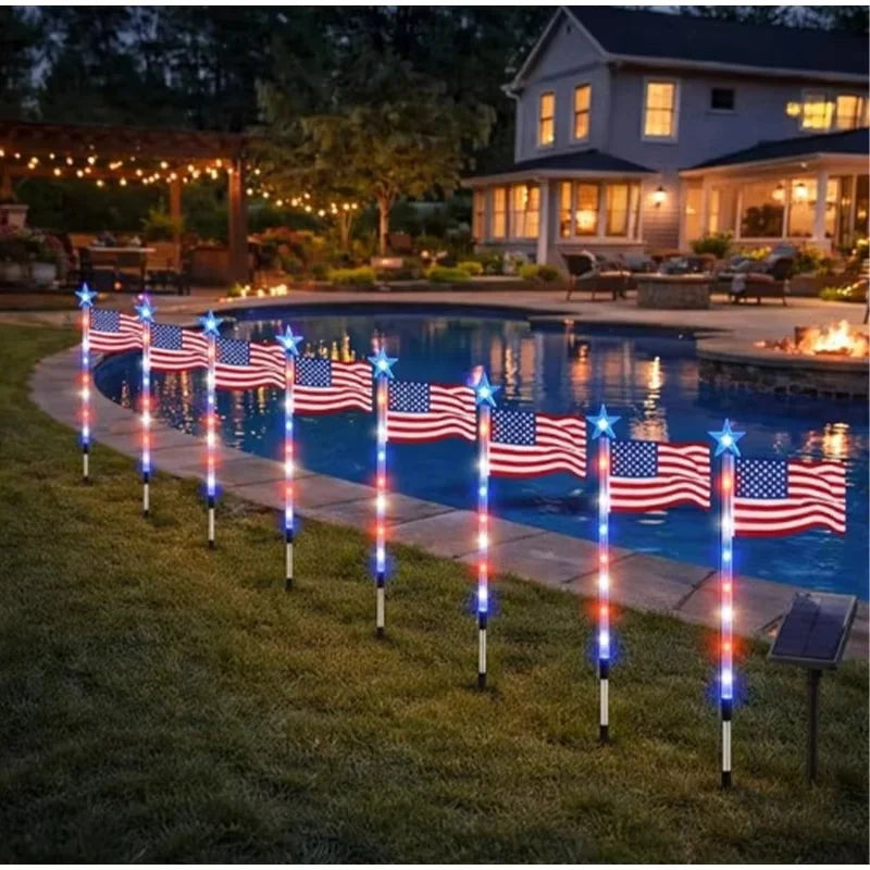 8 in1 Solar American Flag Lights Outdoor Solar Flag Pathway Patriotic Stake Light Set Waterproof LED Outdoor Yard Garden Decor