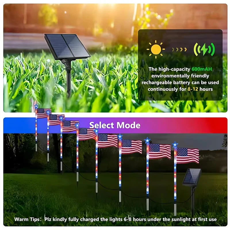 8 in1 Solar American Flag Lights Outdoor Solar Flag Pathway Patriotic Stake Light Set Waterproof LED Outdoor Yard Garden Decor