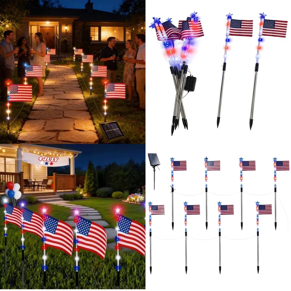 8 in1 Solar American Flag Lights Outdoor Solar Flag Pathway Patriotic Stake Light Set Waterproof LED Outdoor Yard Garden Decor
