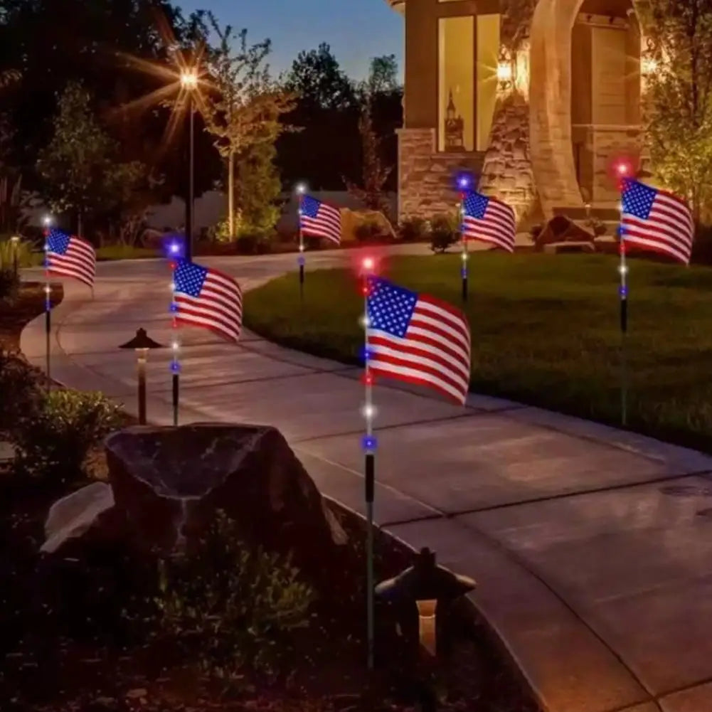 8 in1 Solar American Flag Lights Outdoor Solar Flag Pathway Patriotic Stake Light Set Waterproof LED Outdoor Yard Garden Decor