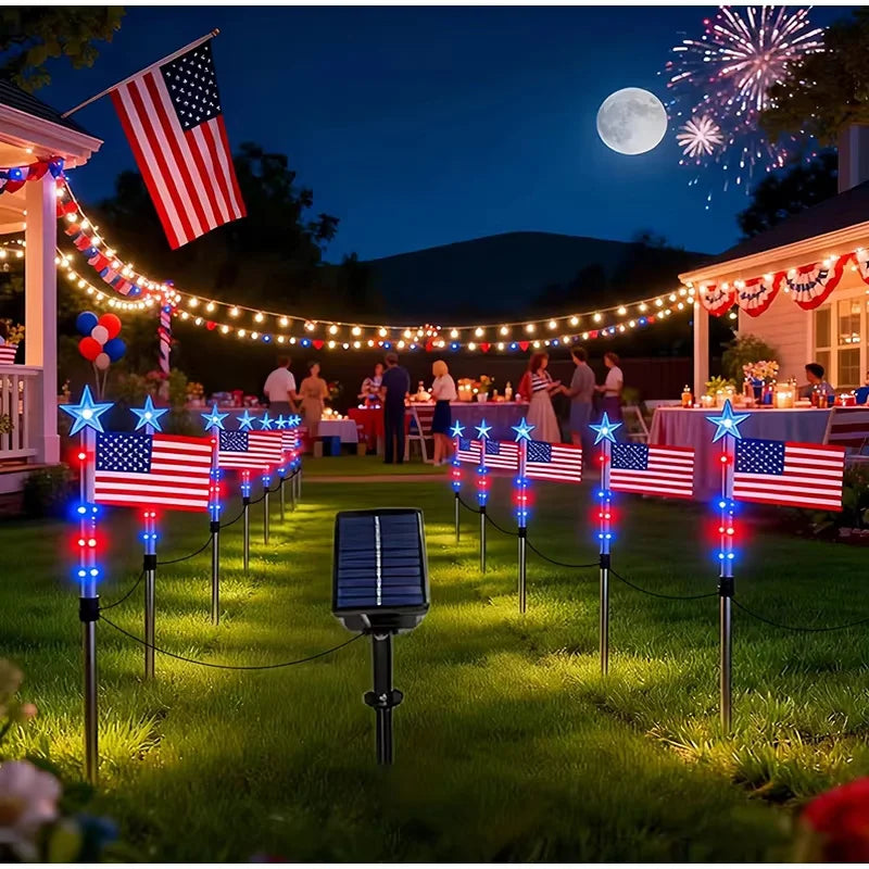 8 in1 Solar American Flag Lights Outdoor Solar Flag Pathway Patriotic Stake Light Set Waterproof LED Outdoor Yard Garden Decor