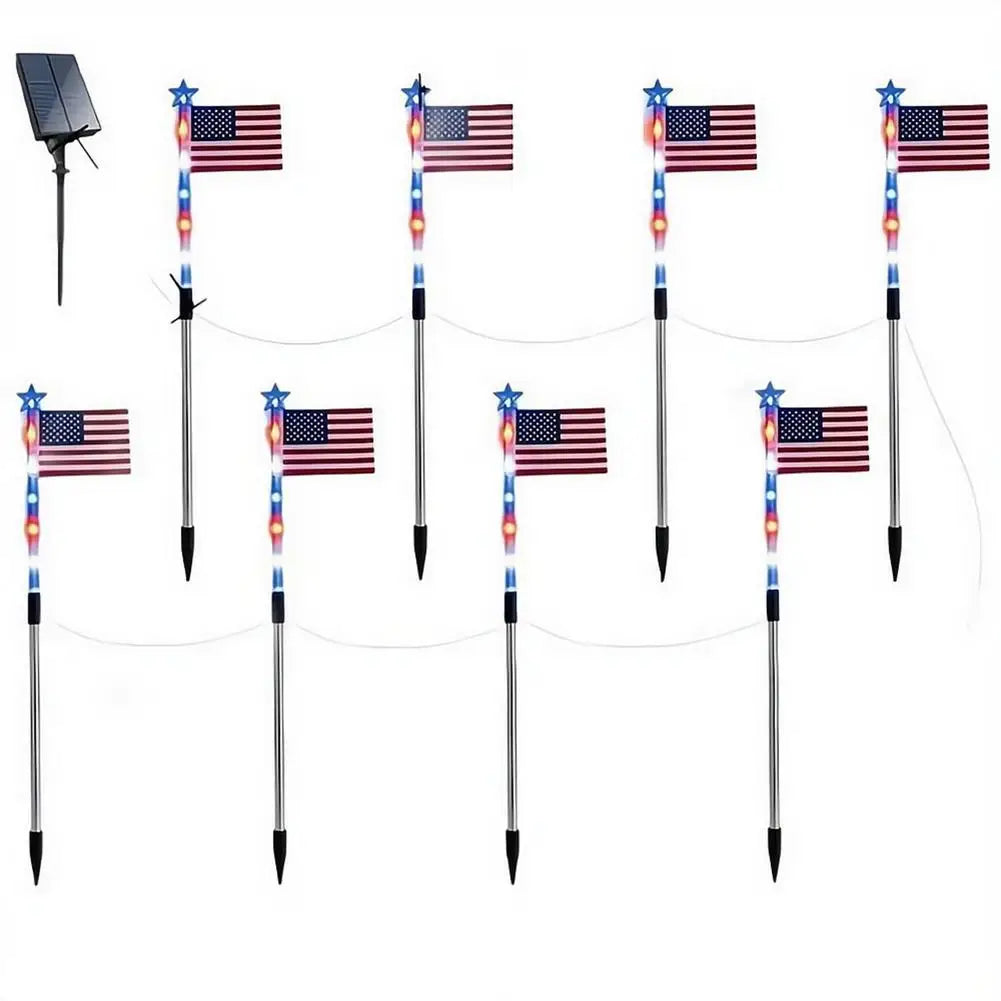 8 in1 Solar American Flag Lights Outdoor Solar Flag Pathway Patriotic Stake Light Set Waterproof LED Outdoor Yard Garden Decor