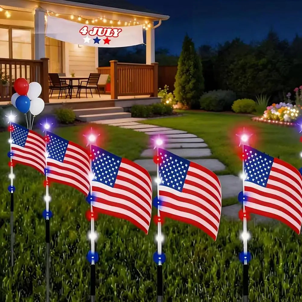 8 in1 Solar American Flag Lights Outdoor Solar Flag Pathway Patriotic Stake Light Set Waterproof LED Outdoor Yard Garden Decor