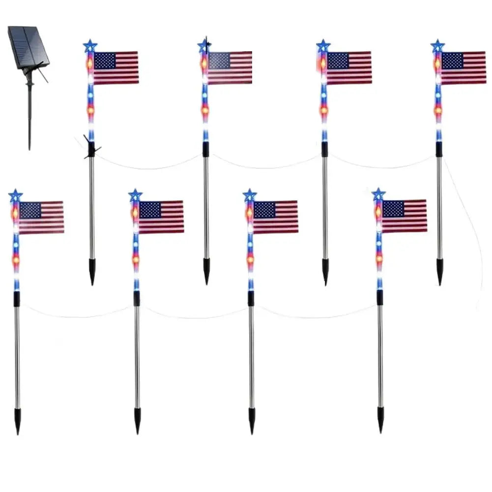8 in1 Solar American Flag Lights Outdoor Solar Flag Pathway Patriotic Stake Light Set Waterproof LED Outdoor Yard Garden Decor
