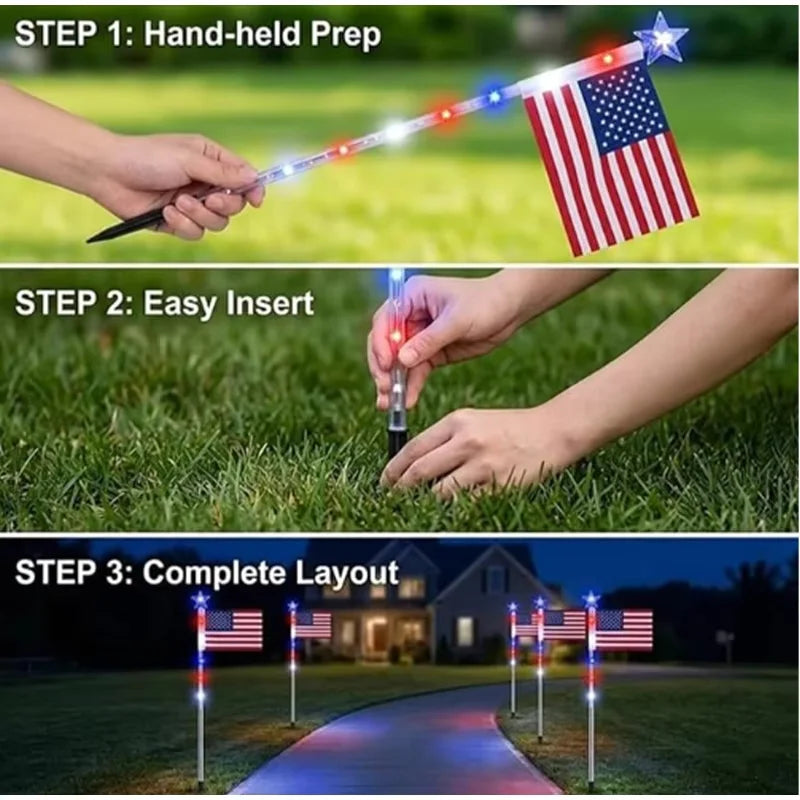 8 in1 Solar American Flag Lights Outdoor Solar Flag Pathway Patriotic Stake Light Set Waterproof LED Outdoor Yard Garden Decor