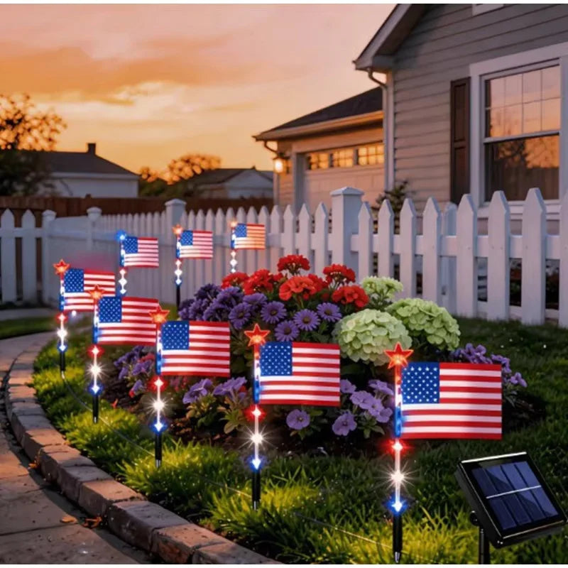 8 in1 Solar American Flag Lights Outdoor Solar Flag Pathway Patriotic Stake Light Set Waterproof LED Outdoor Yard Garden Decor