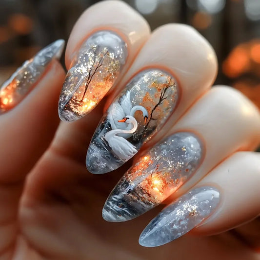 24PCS Elegant Swan Blossom Press-On Nails