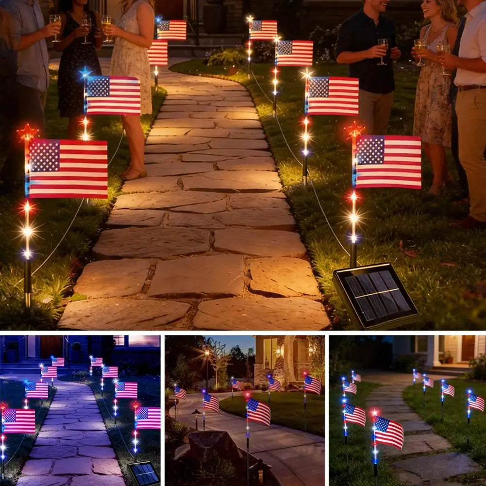 8 in1 Solar American Flag Lights Outdoor Solar Flag Pathway Patriotic Stake Light Set Waterproof LED Outdoor Yard Garden Decor